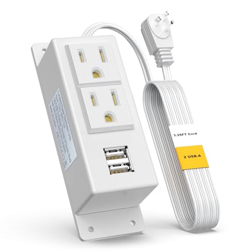 Kungfuking Surge Protector Power Strip Flat Plug Desk Power Grommet Conference Wall Mount USB Outlet Power Socket 2-Socket & 2-USB Ports 3.28 FT Extension Cord (White) - color: White-3.28FT