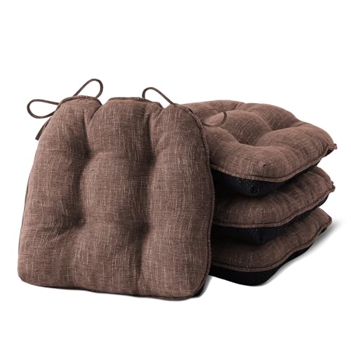 IPYNBAP Chair Cushions for Dining Chairs Set of 4, Kitchen Chair Cushions, Chair Pads with Ties and Non Slip Backing, Tufted Memory Foam Seat Cushion 4 Pack, 15.5" x 15.5" x 4", Brown - color: Brown, size: 15.5" x 15.5" x 4"