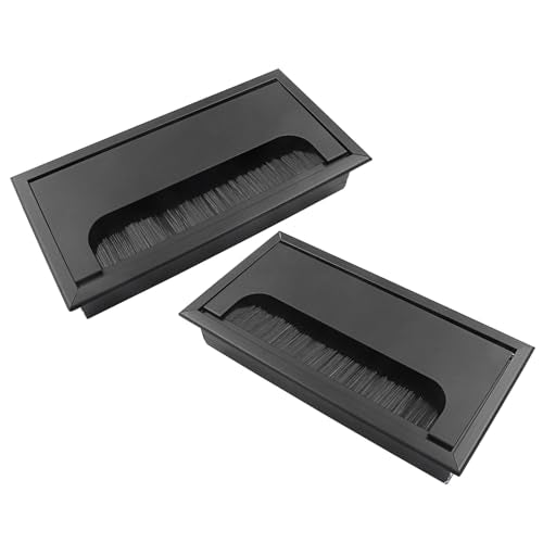 Hordion 2 Pcs Rectangle Desk Grommet Cable Hole Cover, 6.3" x 3.15" Metal Wire Grommet with Brush for Computer Desk Table, Black