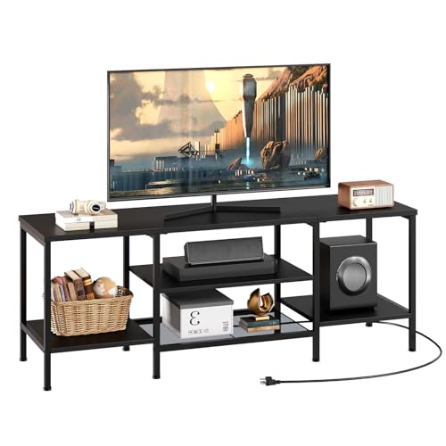HOOBRO TV Stand with Power Outlets to 65 Inches, TV Console Table with Open Storage Shelves, Industrial Media Entertainment Center for Living Room Bedroom, Black BB40DS01 - color: Black, size: 55 Inch
