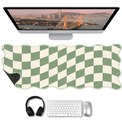 Copkim 1 Pcs Scalloped Green Checkered Desk Mat 31.5 x 11.8 Inch Large Cute Mouse Pad Computer Mat Non Slip Waterproof Rubber Base with Border Stitching Soft Keyboard Pad for Home Office Gaming Makeup - color: Green, style: Checkered