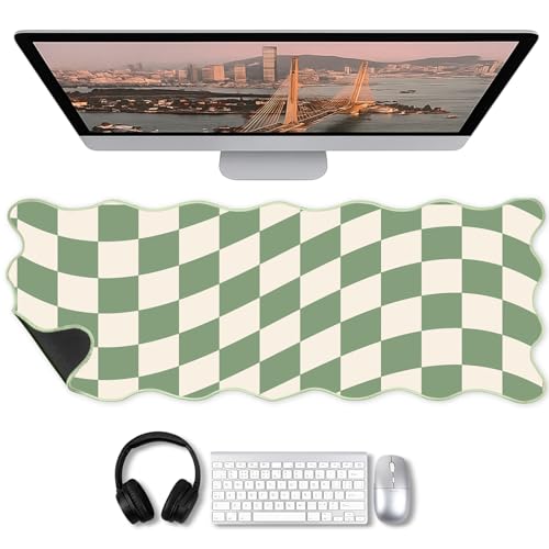 Copkim 1 Pcs Scalloped Green Checkered Desk Mat 31.5 x 11.8 Inch Large Cute Mouse Pad Computer Mat Non Slip Waterproof Rubber Base with Border Stitching Soft Keyboard Pad for Home Office Gaming Makeup - color: Green, style: Checkered