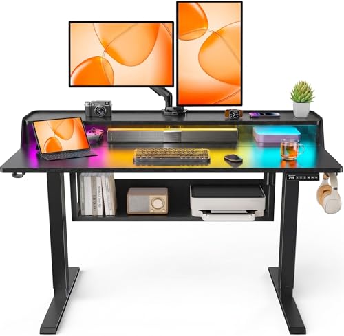 ErGear Electric Standing Desk, 48x24 Inch Adjustable Sit Stand Desk with Bookshelf & Monitor Stand, Standing Gaming Desk with LED Light Strip, Stand Up Desk for Home Office, Black - color: Black, size: 48*24 Inch with shelf