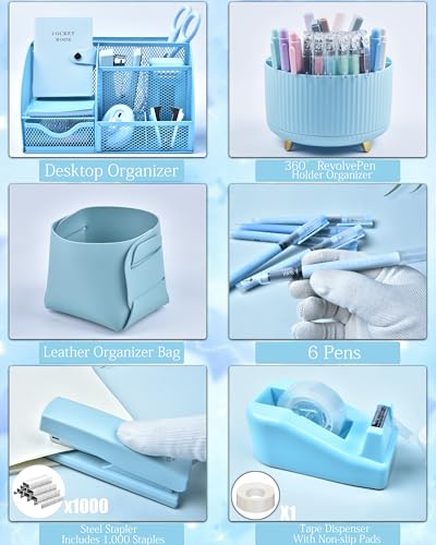 LXEVIHK 20Pcs Blue Desk Organizers and Accessories With Mesh Desk Organizer and 360°Rotating Pen Holder and a Lot of Office Blue Office Supplies Beautifully Presented in a Gift Box - color: blue