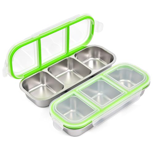 UPTRUST Reusable Snack Containers with Lids, 2pcs Stainless Steel 3-Compartment Snack Box, Divided and Leak-Proof Design for Take-Out Condiments and On-the-Go Snacks - size: 2-Piece 3-Compartment
