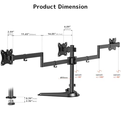 Triple Monitor Stand, Full Motion Adjustable Arm Fits 3 Screens up to 27 inch, Free Standing Desk Stand with Base and Cable Management, 22 lbs Weight Capacity per Arm, 75/100 mm VESA, Black - size: Triple Arms