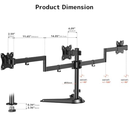 Triple Monitor Stand, Full Motion Adjustable Arm Fits 3 Screens up to 27 inch, Free Standing Desk Stand with Base and Cable Management, 22 lbs Weight Capacity per Arm, 75/100 mm VESA, Black - size: Triple Arms