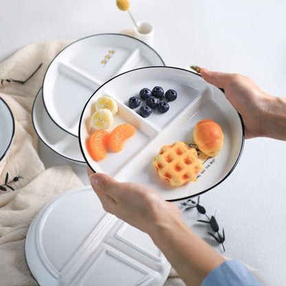 SOCOSY Ceramic 3-Compartment Portion Control Plate Divided Dish Platters, Divided Dessert Plate Salad Plate Dinner Plate Snack Dishes, Appetizer Serving Trays, 1 PCS-White-8 Inch - color: White