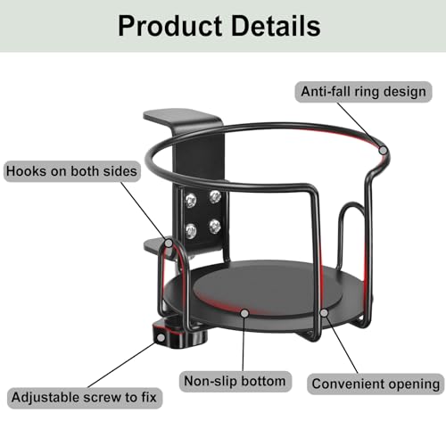 Upgraded Cup Holder, Gaming Desk Accessories Anti-Spill Drink Cup Holder for Table Edge or Chair Armrests, Clip on Desk Side Cups Holders for Home or Outdoor Camping -Black