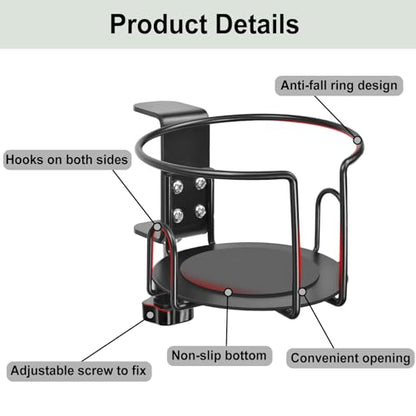 Upgraded Cup Holder, Gaming Desk Accessories Anti-Spill Drink Cup Holder for Table Edge or Chair Armrests, Clip on Desk Side Cups Holders for Home or Outdoor Camping -Black
