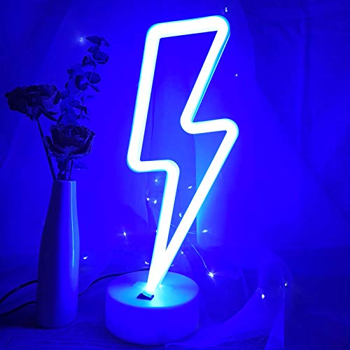 Lightning Bolt Neon Signs Lightning Neon Sign with Base for Bedroom LED Lighting for Room Decor for Teen Girls Gifts for Teenager Boys USB/Battery Cool Gaming Light with Holder(Blue) - color: Blue