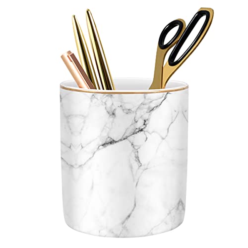 Pen Holder for Desk Cute, Modern Marble Desk Organizer, Durable Ceramic Pencil Cup, Makeup Brush Holder Cup, Multifunctional Office Stationery Holder for Women, Men, White Marble - color: White Marble 03