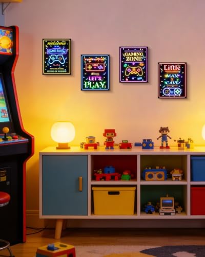 Video Game Decor for Teen Boys Gaming Wall Neon Sign Gamer Room Welcome Little Man Cave Teenage Bedroom Posters Decor Ready to Hang Set of 4, 8x10in (Framed) - size: 10L" x 8W" x 4 Panels