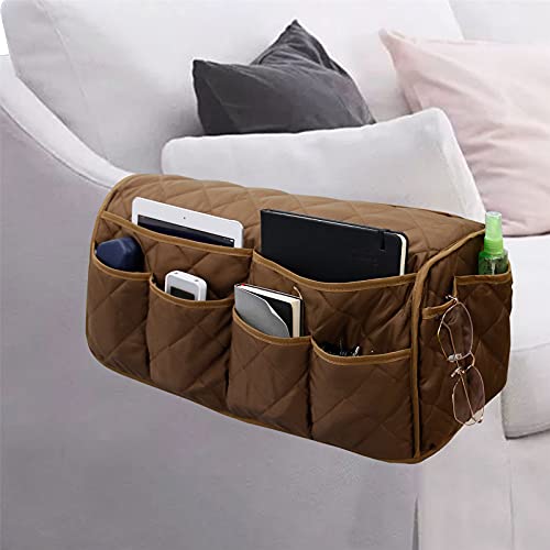 Armchair Caddy, Sofa Armrest Organizer with 14 Pockets, Waterproof Non Slip Recliner Remote Control Holder, Couch Chair Arm Storage for TV Remotes, Phone, iPad, Magazine, Books - color: Coffee