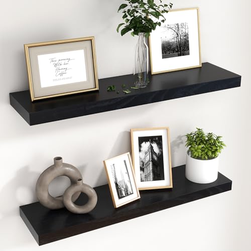 fuqing 30 Inch Floating Shelves for Wall, Black Wood Floating Shelves Set of 2, 30 Inch Wide x 6.7 Inch Deep Wooden Shelves for Living Room Bedroom Bathroom Home Office - color: Black, size: 30 Inch