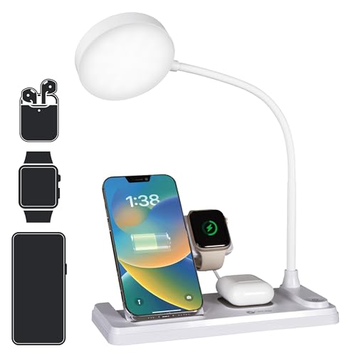 OttLite LED Table Lamp with Wireless Charging, White | Smartwatch Charging Stand | 3 Color Temperature Modes | Flexible Neck | ClearSun LEDs Reduce Eyestrain