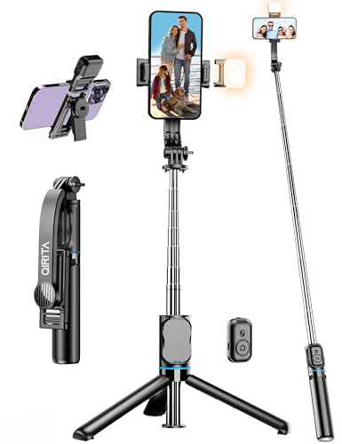 42" Selfie Stick Tripod with Fill Light Extendable Phone Stand All-in-1 Selfie Stick Travel Tripod with Detachable Remote & Phone Holder Cell Phone Tripod Compatible with iPhone/Android - color: Black with Light