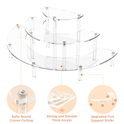 Dooiclear 3 Tier Acrylic Display Risers 2 Pack, Half Moon Cupcake Stand, Clear Perfume Organizer, Dessert Stand for Display, Clear Display Stand for Food, Cupcake, Perfume, Collections