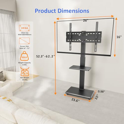 Rolling TV Stand, Mobile TV Cart for 32-75 Inch TVs up to 110 lbs, 18 Adjustable Heights, TV Floor Stand with Swivel Mount & Shelf, Max VESA 600x400mm, TV Stand on Wheels for Bedroom, Office, Outdoor - style: 2-GM-A02