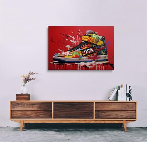 Framed Banksy Graffiti Sneaker Canvas Wall Art,Red Shoe Decorations Pop Art Wall Decor For Kids Playroom Bedroom Living Room Artworks Ready To Hang - color: sneaker03, size: 24"L x 16"W