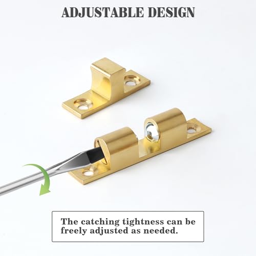 Alise Double Roller Catch Cabinet Latches,Adjustable Double Ball Tension Roller Catch Latch Brass Cabinet Door Latch,67mm Solid Brass Cabinet Latches and Catches,Pack of 4 - color: Gold, size: 67mmX40mm