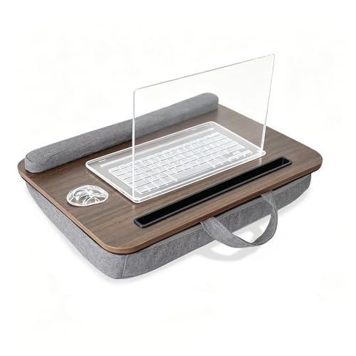 Portable Lap Desk for Bed, Suits14–17 Inch Laptops | Walnut color, 3 storage bags, hand strap & cushion, tablet & phone slots, ideal for adults at home, car and travel - color: Walnut Color