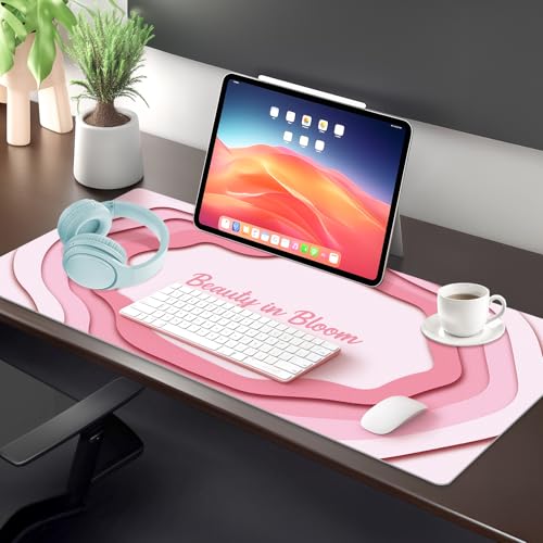 Dual-Sided PU Leather Desk Mat Blotter for Office, Home, Computer, Keyboard, Mouse, 15.7"x31.5" Large Non-Slip Writing Mat with Travel Storage Strap, Waterproof Easy to Clean (Pink Minimalist) - style: Pink Minimalist