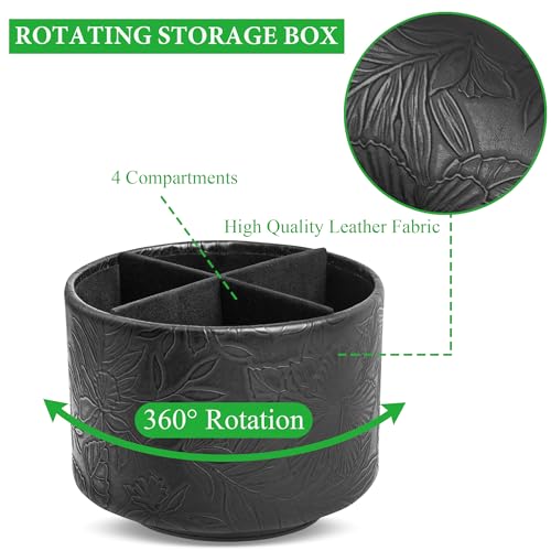 Round Leather Art Supply Organizer,Remote Control Holder,360 Degree Spinning,Multi-Functional Pencil Holder,4 Compartments Desktop Stationary Organizer(1-Carved Black) - color: 1-Carved Black