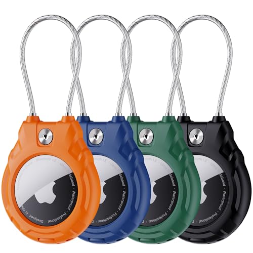 AirTag Holder with Wire Cable for AirTag (1st/2nd Gen), Lockable Anti-Theft Waterproof Case, Durable Keychain for Keys, Luggage, Backpack & Car, 4 Pack Multi-Color - color: Orange, Blue, Green, Black