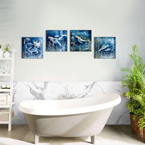 Sea Turtle Wall Art Navy Blue Beach Bathroom Decor Ocean Dolphin Whale Crab Pictures Canvas Prints Under The Sea World Coastal Wall Decor Marine Life Poster Living Room Bedroom Decorations 12x12” 4Pcs - color: Sea4P, size: 12x12in