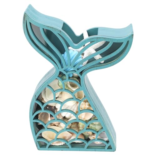 CroBlissful Green Mermaid Seashell Holder Seashell Display Box Wooden Small Starfish Shell Display Case with Acrylic Clear Window Shark Tooth Collection Box for Shells Sea Rock Home Decor Present - color: Green, style: Mermaid
