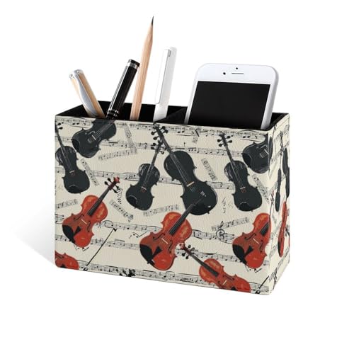 Famame Violins Black Music Notes Pencil Holder for Desk, Leather Desktop Container Pen Cup Storage Study Table Pen Organizer Makeup Brush Holder for Classroom Office Home - color: Violins Black Music Notes