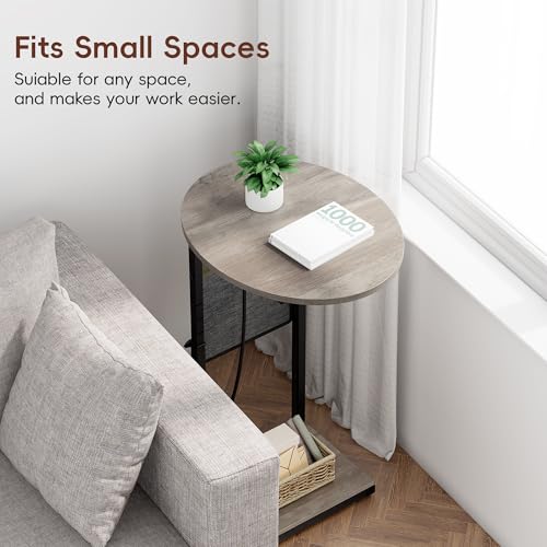Vagusicc C Shaped End Table with Charging Station, 32" Tall Side Table for Couch and Recliner, Adjustable Height Small Couch Side Table Slide Under Sofa TV Tray Table for Living Room, Bedroom, Greige - color: Greige, style: Charging Station