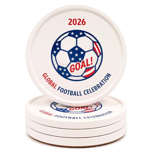 Ceramic Coasters Set of 4, 2026 Soccer Drink Coasters Set, Anti-Slip Thick Cork Absorbent Coasters with Raised Edge, Stone Drying Mat for Cups, Sink Tray, Soap Dish & Small Plants (4PACK_Goal) - color: Goal
