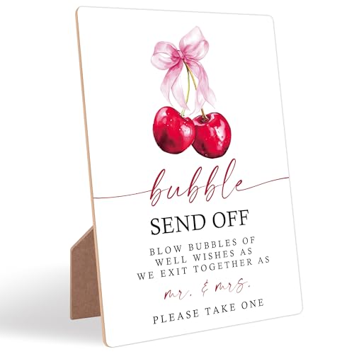 Cherry Wedding Signs for Reception, Pink Bow Bubble Send Off Sign, Berry Wooden Wedding Signs with Stand, Pink Bow Theme Bridal Shower Decorations, Bridal Shower Party Supplies for Reception, 11 - color: Cheery11