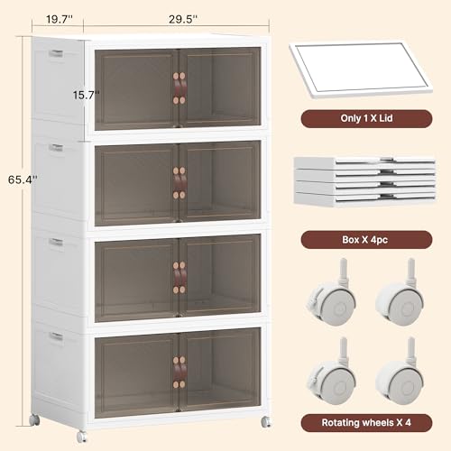 1136QT Extra Large Stackable Storage Bins with Lids & Wheels & Door, 284Gal Foldable Collapsible Closet Organizers, Plastic containers drawers for bedroom Dorm - color: White