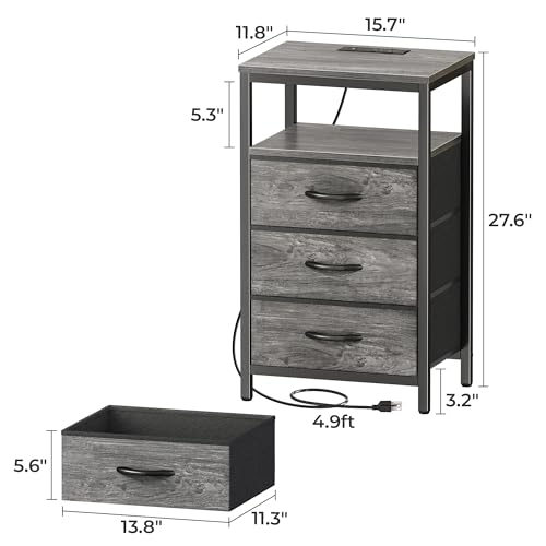 Huuger Nightstand with Charging Station, 27.6 Inch End Table Bedside Table with USB Ports and Outlets, Night Stand for Bedroom, Fabric Drawers, Grey - color: Grey, size: 11.8"D x 15.7"W x 27.6"H (3 Drawers)