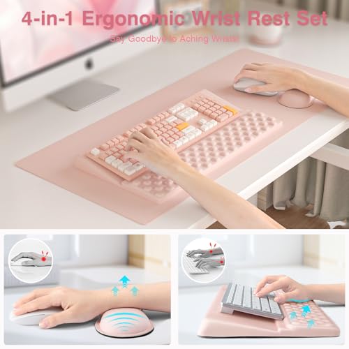 Ospelelf Keyboard Stand Wrist Rest Pad and Ergonomic Mouse Pad Set with Large Mousepad Desk Mat, Memory Foam Comfort, Premium Office Desk Accessories for Pain Relief and Efficiency, Pink - color: Pink