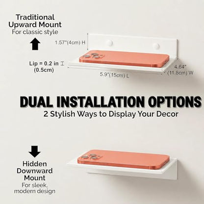 Z metnal Small Floating Shelves, Renter Friendly Mini Metal Display Shelf for Collection Action Figures, Aluminum, Adhesive & Wall Mounted, White, 6 inch, 2 Pack - color: White, size: 6 inch (2 Pack)