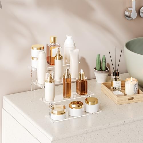 WINKINE Acrylic Display Stand Riser, Perfume Stand Organizer 4 Tier, Holder Shelves Compatible with Funko POP Figures, Cologne Organizer for Men, Acrylic Risers for Display, Clear Bedroom Shelf Holder