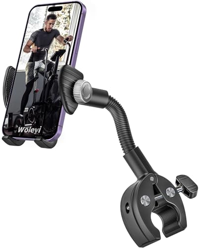 Gooseneck Spin Bike Phone Holder, Cell Phone Mount Exercise Bike Handlebar Clamp for Stationary Bicycle, Treadmill, Microphone Stand, for iPhone Air 17 Pro Max 16 15 14 13 12, S25, 4.7-7" Smartphones
