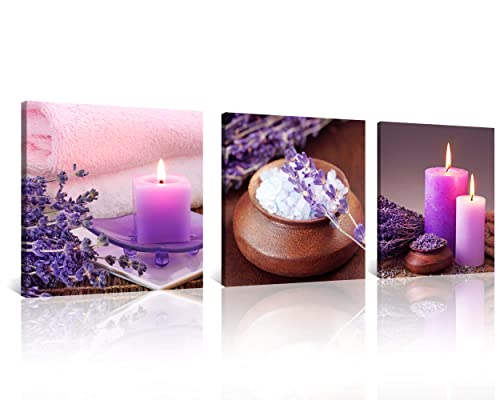 NAN Wind Zen Canvas Wall Art Spa Still Life with Purple Aromatherapy Candles and Zen Stone Aroma Lavender Flower Painting Pictures Print on Canvas Ready to Hang for Bathroom Decoration (14X14inchX3pcs, aromatherapy) - color: aromatherapy, size: 14X14inchX