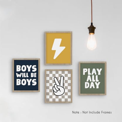 HRQKO Boho Boys Room Wall Art Poster Set, Positive Boys Playing Prints, Black Checkered Hand Prints, Unframed (blue) - 4 Pieces (12'x16') - color: blue4, size: 8x10