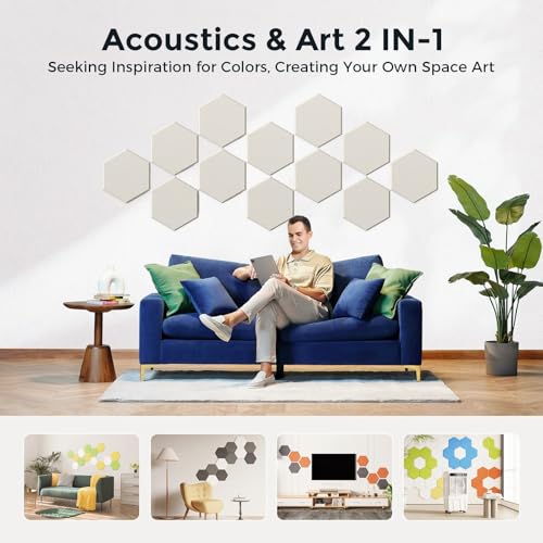 Self-Adhesive Acoustic Panels [390 lbs/yd³ Ultra-High Density], 2nd Generation Sound Absorbing Panel, Professional Level Sound Panel, Polyester Soundproof Foam [Medium Hexagon, Beige] - color: Beige, size: Medium Hexagon (12''x10''x0.4'')
