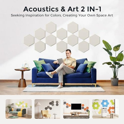 Self-Adhesive Acoustic Panels [390 lbs/yd³ Ultra-High Density], 2nd Generation Sound Absorbing Panel, Professional Level Sound Panel, Polyester Soundproof Foam [Medium Hexagon, Beige] - color: Beige, size: Medium Hexagon (12''x10''x0.4'')