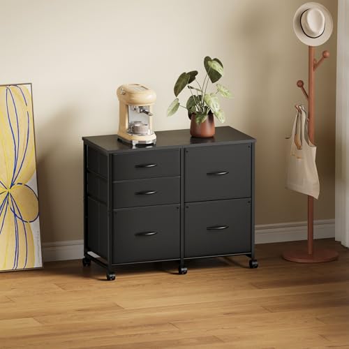 YeTom Lateral File Cabinet with 5 Drawers Rolling Filing Cabinets Under Desk Storage Printer Stand with Wheels,Mobile File Cabinet for Home Office,Black - color: Black