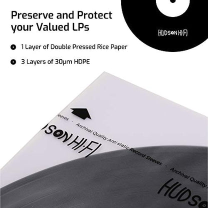 Hudson Hi-Fi Anti-Static Vinyl Record Sleeves - Durable Clear Disc Sleeves- Protect Your LP Albums from Scratches, Dust & Dirt - Acid-Free Rice Paper Disc Covers, 100x Inner Sleeves - size: 100 Inner Sleeves