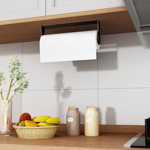 Paper Towel Holder Under Cabinet, Stainless Steel, Wall Mount, Black Adhesive Paper Roll Holder for Kitchen and Bathroom - color: Black