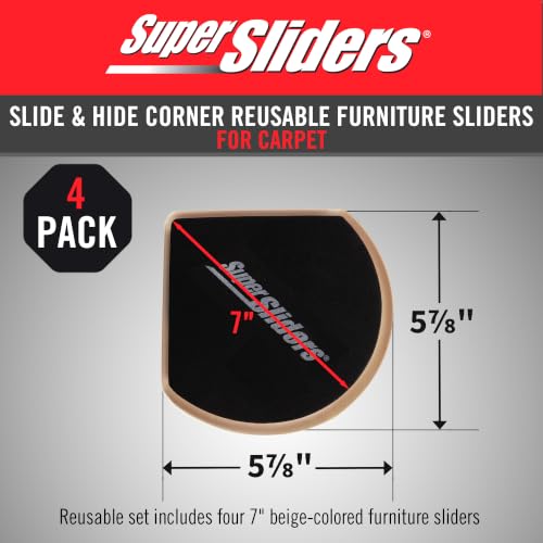 Super Sliders 7" Slide & Hide Corner Reusable Furniture Sliders for Carpet, Anti-Slip Protective Furniture Moving Pads for Beds, Sofas, Dressers, Set of 4, Beige - size: 7 Inch, style: For Carpet