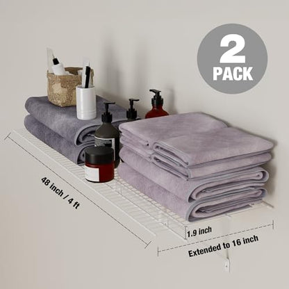 HAUSHOF Closet Shelves Wall Mounted 2-Pack, 4ft x 16in White Metal Wire Shelving for Laundry Room, Closet, Basement Organization and Storage - size: 4ft x 16in